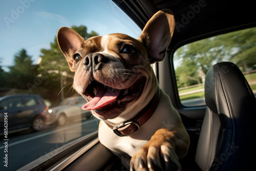 dog leaning out of the window of a car in the back seat, head out of the car enjoying the air and the nature and rural landscape. Generated AI © natalystudio