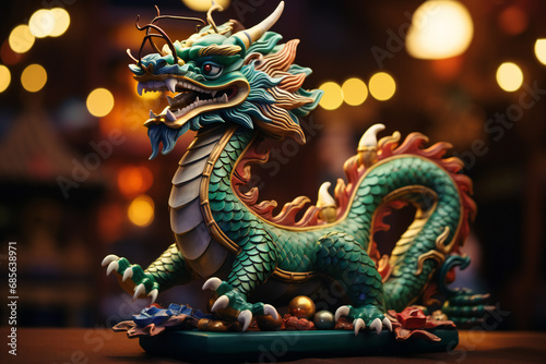 A figurine of a Chinese wooden dragon of green color on a background of Christmas lights  new year 2024 symbol  generated ai