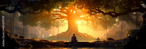 meditating under a huge bodhi tree, which symbolizes enlightenment. Generative AI photo