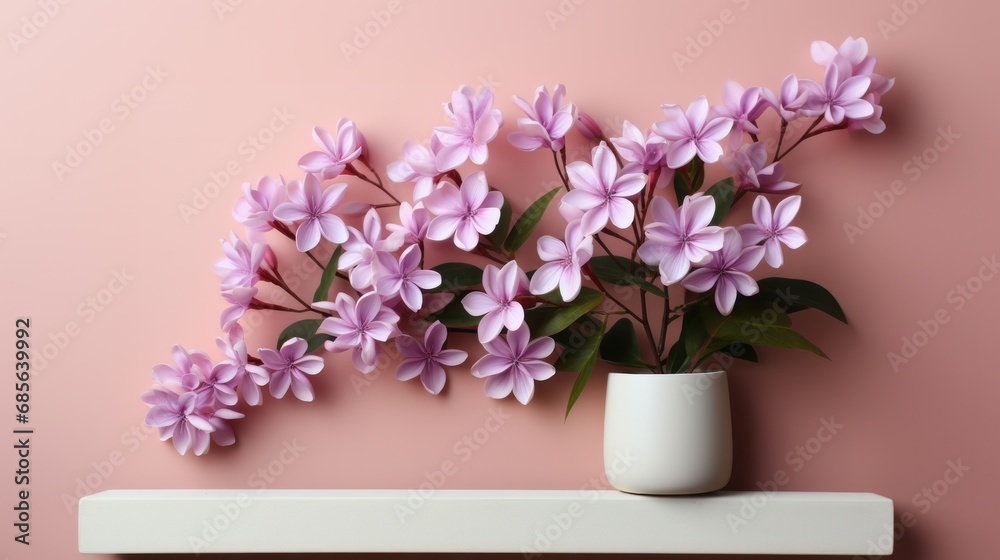 purple violet Frangipani Plumeria flower plant with leaves vase on pink pastel background. Mockup advertisement. template. product presentation. copy text space.
