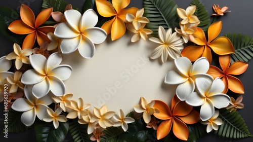 Frame Bouquet of yellow Frangipani Plumeria flower plant with leaves on white background. Mockup advertisement. template. product presentation. copy text space.