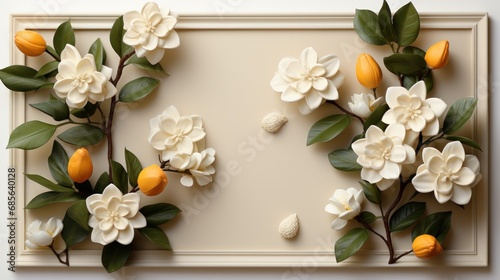 Blank frame photo with Gardenia cape jasmine flower plant with leaves on white background. Mockup advertisement. template. product presentation. copy text space.