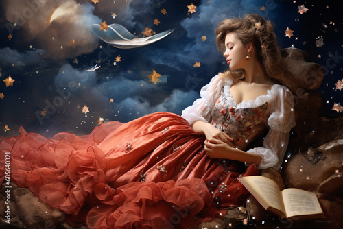 Mladá dívka zasněně sní o lásce. Romantické obloha plná hvězd. Valentinky den přání koncept. photo