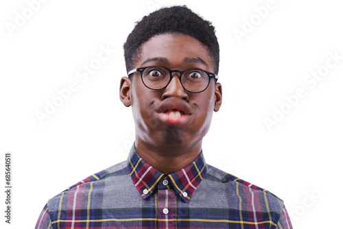 Funny face, glasses and portrait with a black man, crazy and confident guy isolated on transparent background. African person, png or joke with eyewear, nerd and goofy with facial expression or geek photo