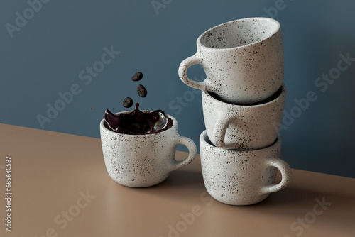 3D render of coffee beans falling into mug of coffee standing by stack of empty mugs photo