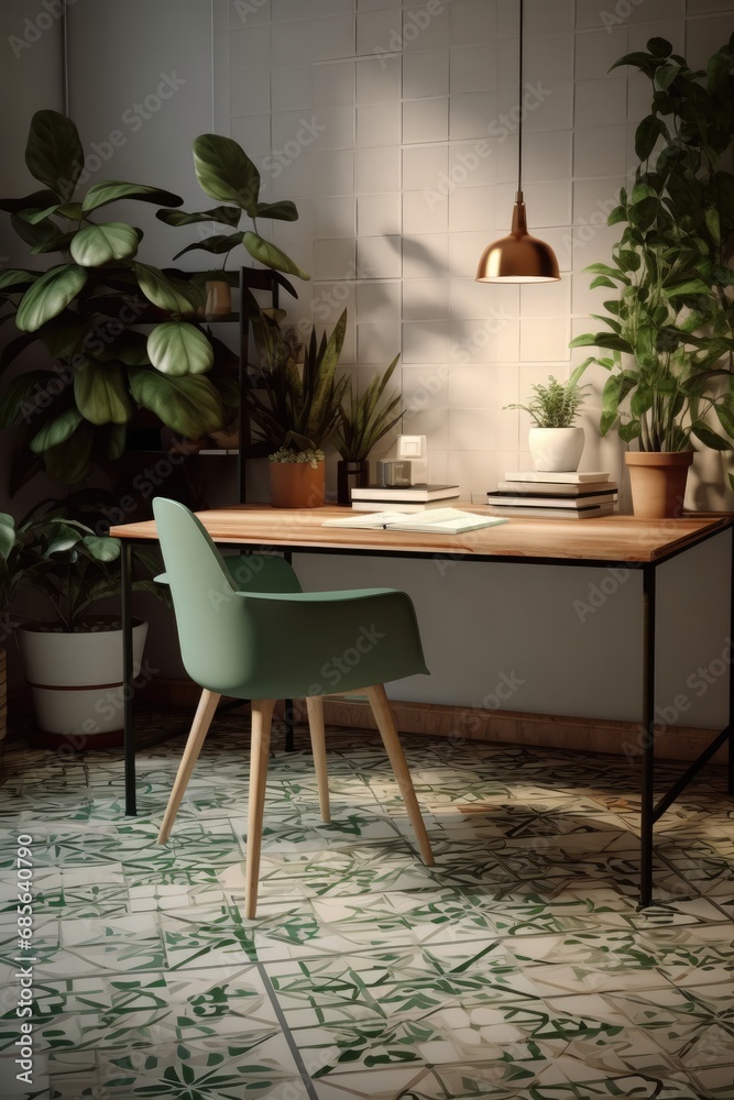 Fototapeta premium Modern stylish workplace interior surrounded by indoor plants. Workplace. AI generating