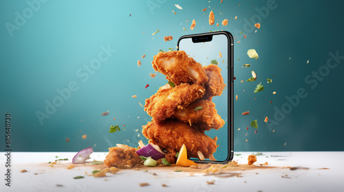 fried chicken with mobile phone