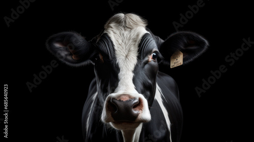 Close-up of black white cow isolated on black background.