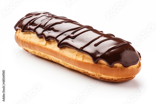 eclair with chocolate isolated on white background, traditional dessert sweet pastry products