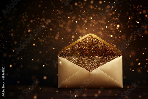 party, decoration and holidays concept - golden glitters and envelope on black background generative AI photo