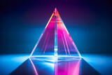 Crystal prism refracting purple and blue light, futuristic background