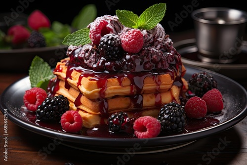 piece of sweet dessert on small dish plate for serve like chocolate strawberry cheesecake custard waffle and ice cream with berries.