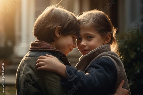 Two siblings look at each other. Happy sister and brother embracing moment. Generate ai