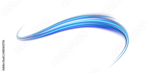 Abstract blue light lines of speed movement. Light everyday glowing effect. Semicircular wave. Light trail curve swirl. Neon lines of speed and fast wind. Optical fiber incandescent. Blue glowing.