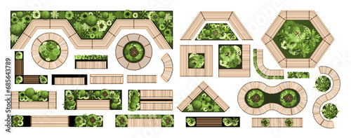 Top view of furniture for the architectural landscape plans. Benches with trees and greens. Entourage design. Various outdoor furniture. Vector illustration.