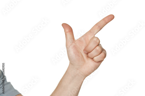 male hand pointing to the right with the index finger on white background