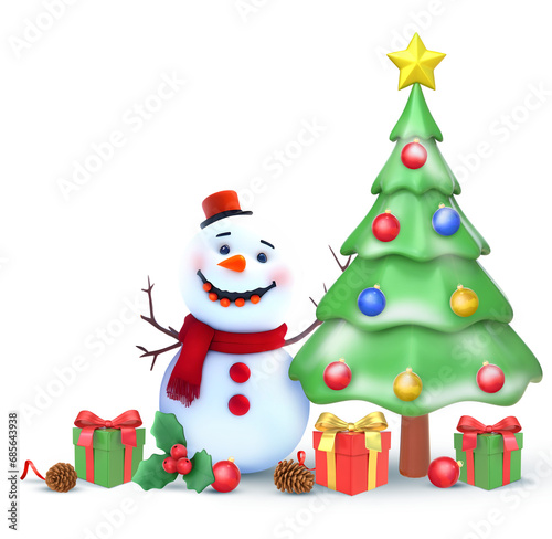 3D Rendering Christmas Tree With Snowman And Christmas Elements Isolated On Transparent Background, PNG File Add © Foxgrafix