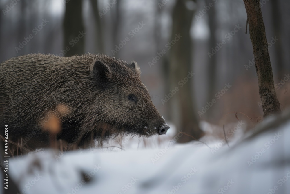 Naklejka premium Winter forest boar. Small and strong gray animal challenging weather. Generate AI
