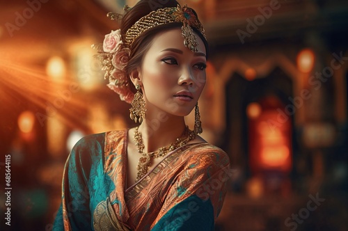 Charming western Indonesian lady. Regal traditional dressed girl with golden luxury accessories. Generate ai photo