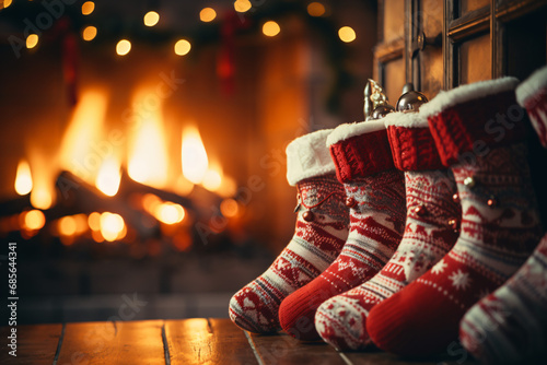 Feet in woollen socks by the Christmas fireplace. Close up on feet. Winter and Christmas holidays concept.  photo