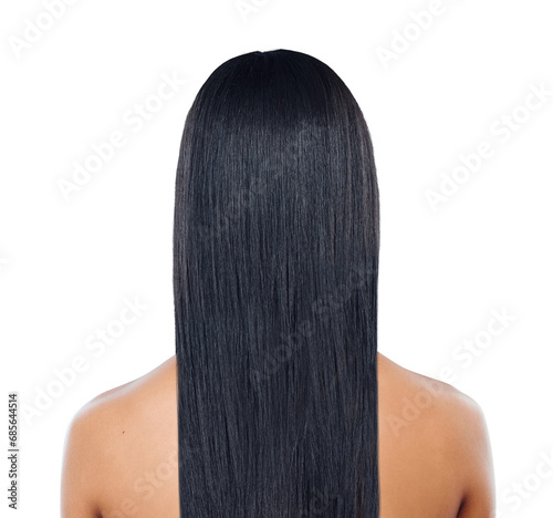 Beauty, long hair and back of spa person with straight hairstyle texture, cosmetic glow or salon treatment. Wellness, hairdressing results and haircut model isolated on transparent, png background