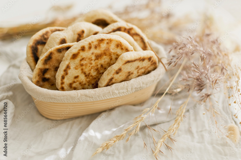 Homemade sourdough pita breads in basket Homemade sourdough pita breads in basket