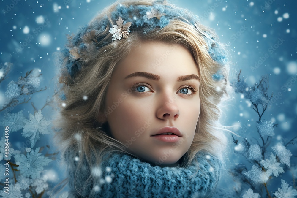 Blonde woman on azure snowflakes background. Woman portrait in stunning snowfall wintertime. Generate ai