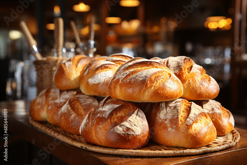 Fresh bread on bakery counter, Different types of delicious bread loaves, bread buns, bread rolls, baguettes, and bagels on baker shop shelves in baskets