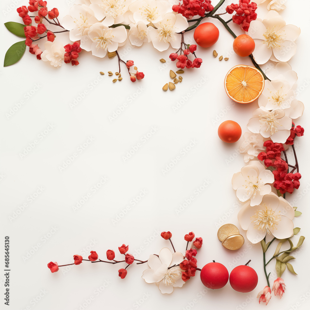 White background with cherry blossoms flowers around, and oranges White background with cherry blossoms flowers around, and oranges