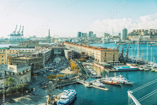 Italy, Liguria, Genoa, Boats in city harbor