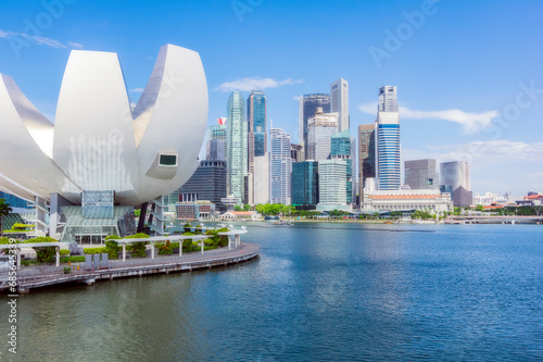 Singapore, Singapore City, ArtScience Museum with skyline skyscrapers in background photo