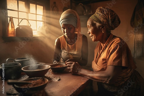 Young and old African women in kitchen. Mother and daughter cooking together. Generate ai photo