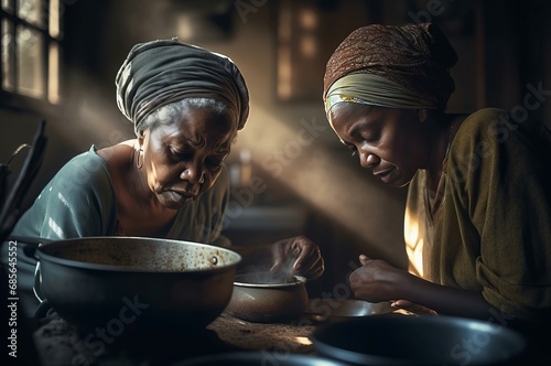 Young and senior African women cooking in kitchen. Family female moment preparing culinary dishes. Generate ai photo