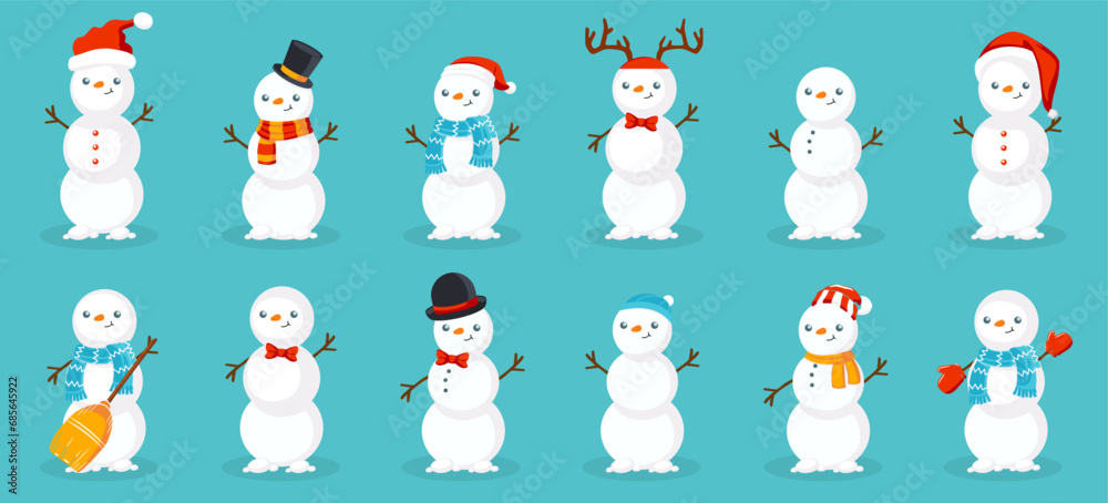 Cartoon Christmas snowman character collection on a blue background. Christmas snowman with shadow in a flat design. Snowman icons. Happy holiday snowman Cartoon Christmas snowman character collection on a blue background. Christmas snowman with shadow in a flat design. Snowman icons. Happy holiday snowman