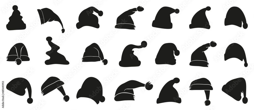 Santa hat icons in black. Santa Claus cap icons. Christmas Santa hat collection. Cartoon hats icon. Santa hat for New Year