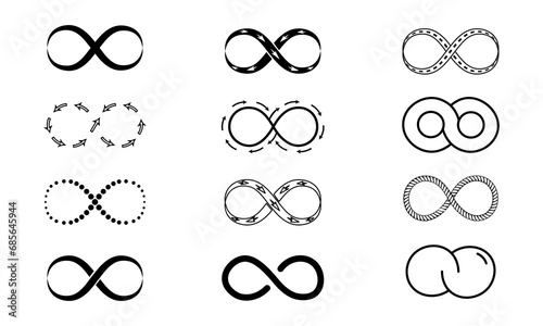 A set of black linear infinity icons on a white background, eps10