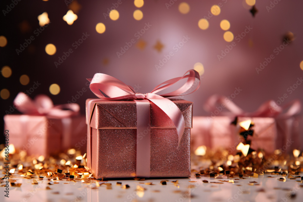 Minimal trendy scene of gift box and golden confetti particles on pink background Minimal trendy scene of gift box and golden confetti particles on pink background
