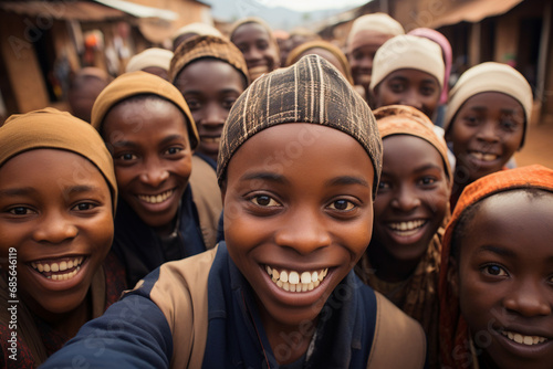 Crowd of little poor african boys in a local village of Africa - Generative AI © Davide Angelini