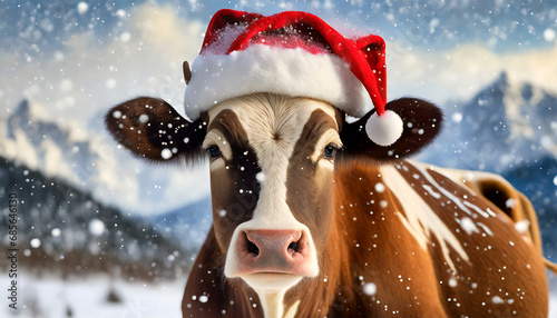 Close-up of a brown and white cow (heifer) dressed as Santa Claus, in a mountain landscape in winter while it is snowing. Christmas and New Year holidays concept. photo