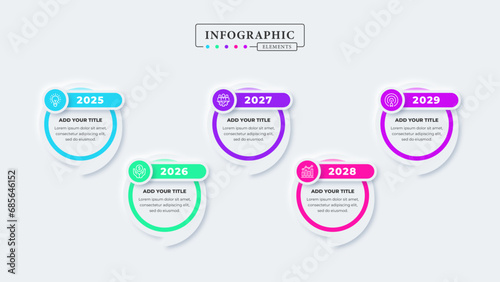 Timeline infographic presentation template with 5 steps or options