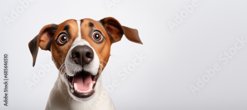 surprised funny dog with open mouth on white background.