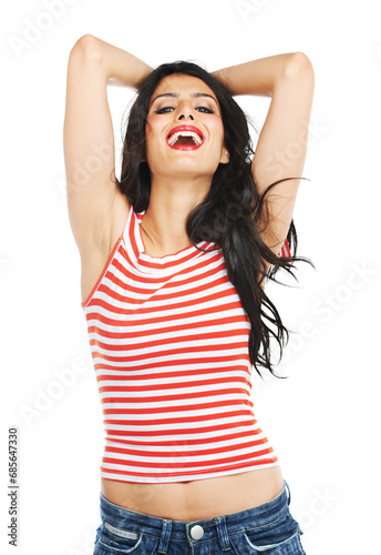 Happy woman, portrait and relax in fashion beauty, makeup or cosmetics isolated on a transparent PNG background. Face of young attractive female person or model posing in casual clothing or style © Mayur/peopleimages.com