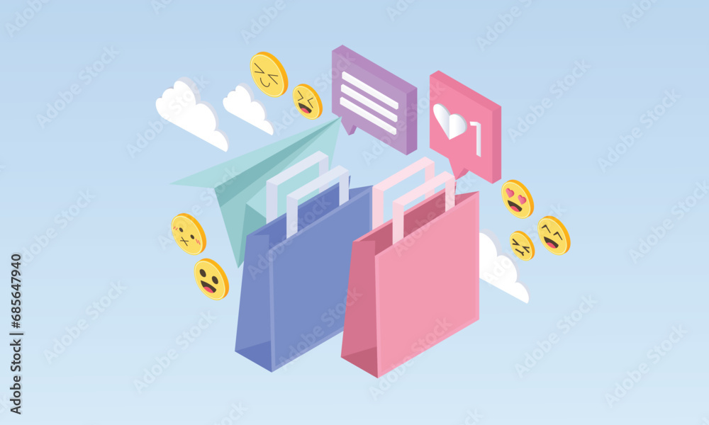3d minimal Floating Shopping bags. Online shopping in social media and network. Digital marketing and promotion concept.on pastel background 3d minimal Floating Shopping bags. Online shopping in social media and network. Digital marketing and promotion concept.on pastel background