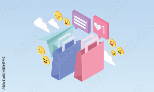 3d minimal Floating Shopping bags. Online shopping in social media and network. Digital marketing and promotion concept.on pastel background