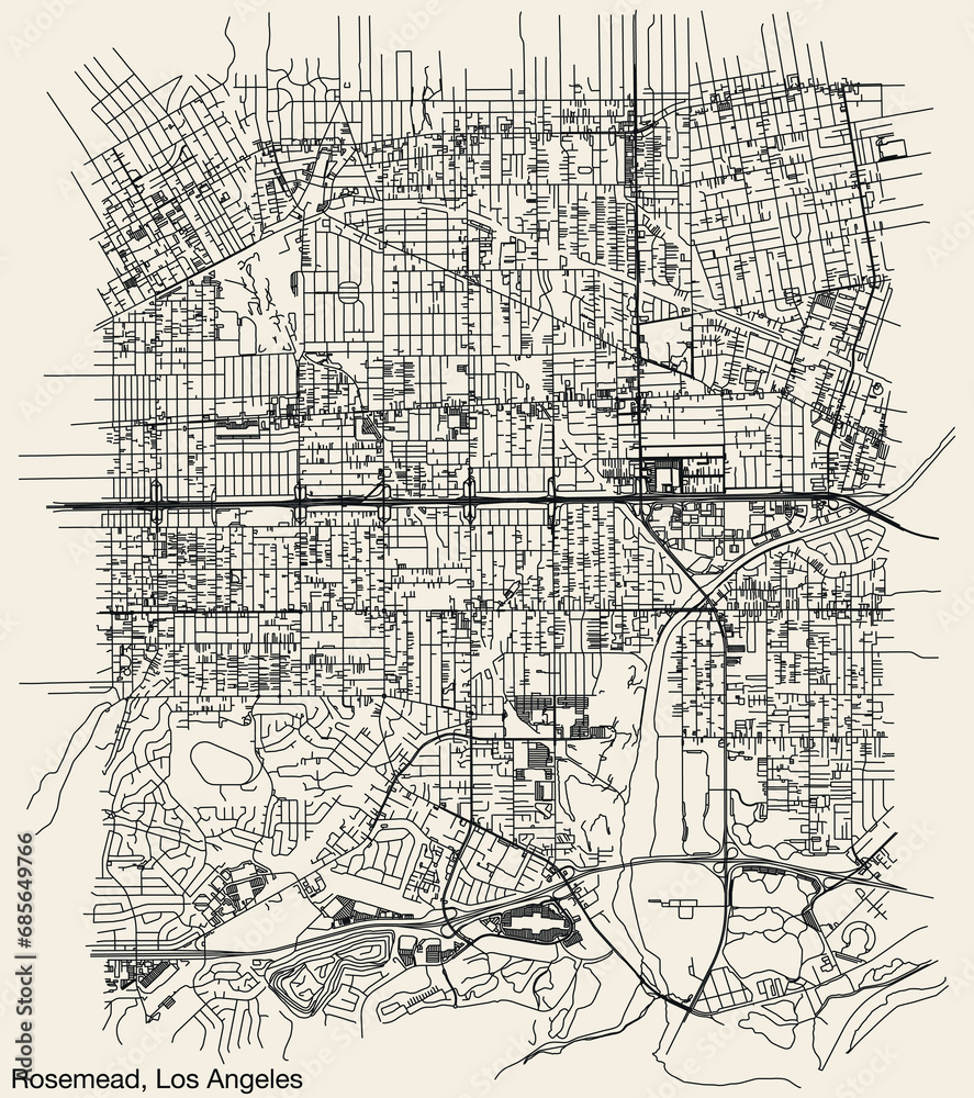 Detailed hand-drawn navigational urban street roads map of the CITY OF ROSEMEAD of the American LOS ANGELES CITY COUNCIL, UNITED STATES with vivid road lines and name tag on solid background