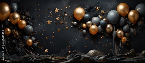 Elegant Black and Gold Party Background with Balloons and Stars - A Luxurious and Festive Design for Celebrations and Events photo