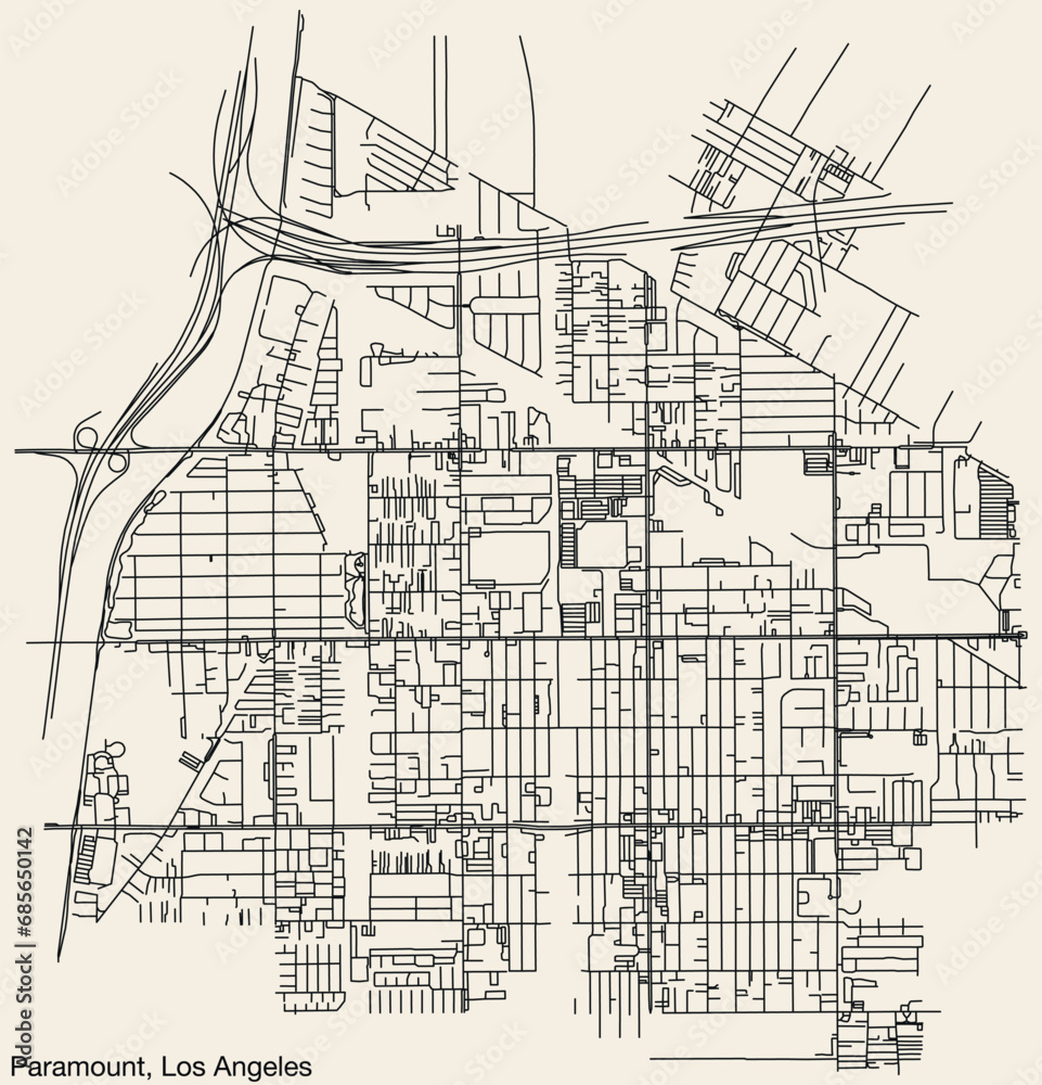 Detailed hand-drawn navigational urban street roads map of the CITY OF PARAMOUNT of the American LOS ANGELES CITY COUNCIL, UNITED STATES with vivid road lines and name tag on solid background