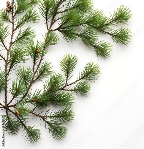 Festive Christmas background  pine branches and pine cones on a white canvas