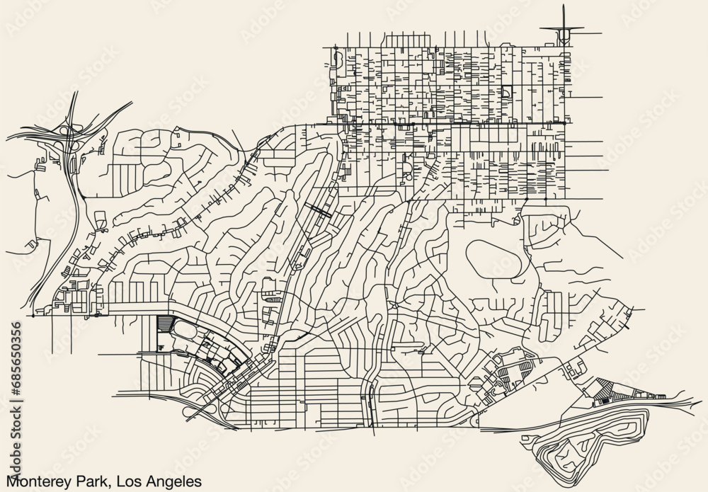 Fototapeta premium Detailed hand-drawn navigational urban street roads map of the CITY OF MONTEREY PARK of the American LOS ANGELES CITY COUNCIL, UNITED STATES with vivid road lines and name tag on solid background