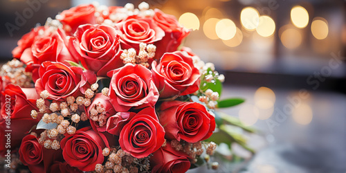 Close up romantic red rose bouquet  poised for wedding against warm church interior backdrop with burning candles  symbolizing matrimonial bliss and sacred vows. Wedding concept. Copy space